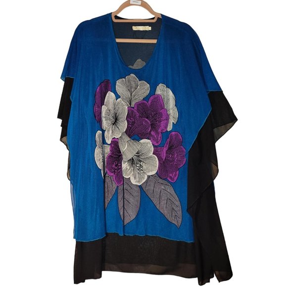 Michael X Other - Michael X Blue Black Floral Sheer Knit Layered Swimsuit Coverup Women Size L